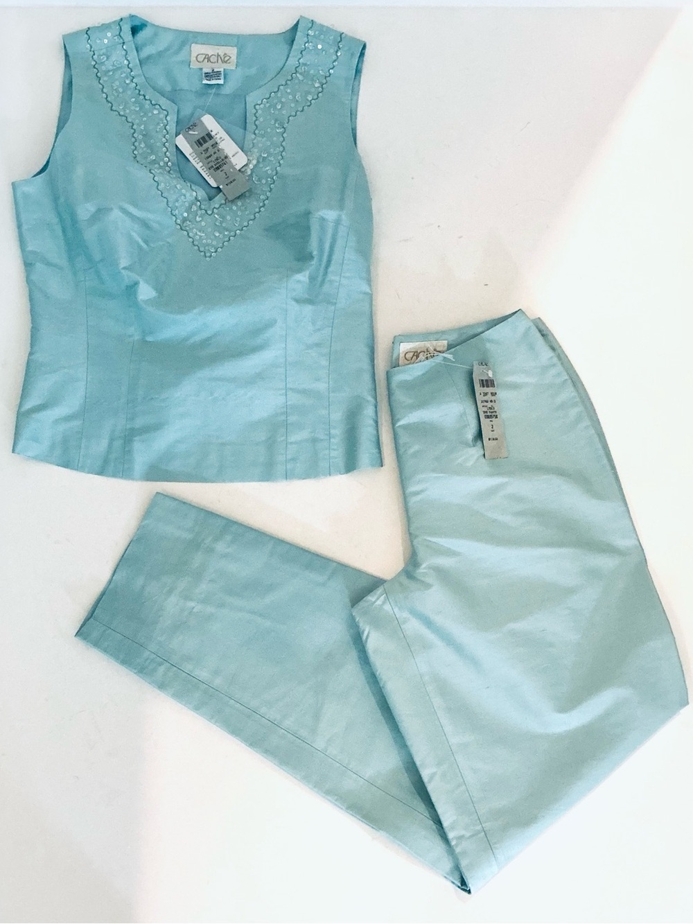 CACHE, 100% Pure Silk Top and Bottom Set in Light Blue/Aqua Hue, Size 2, NWT